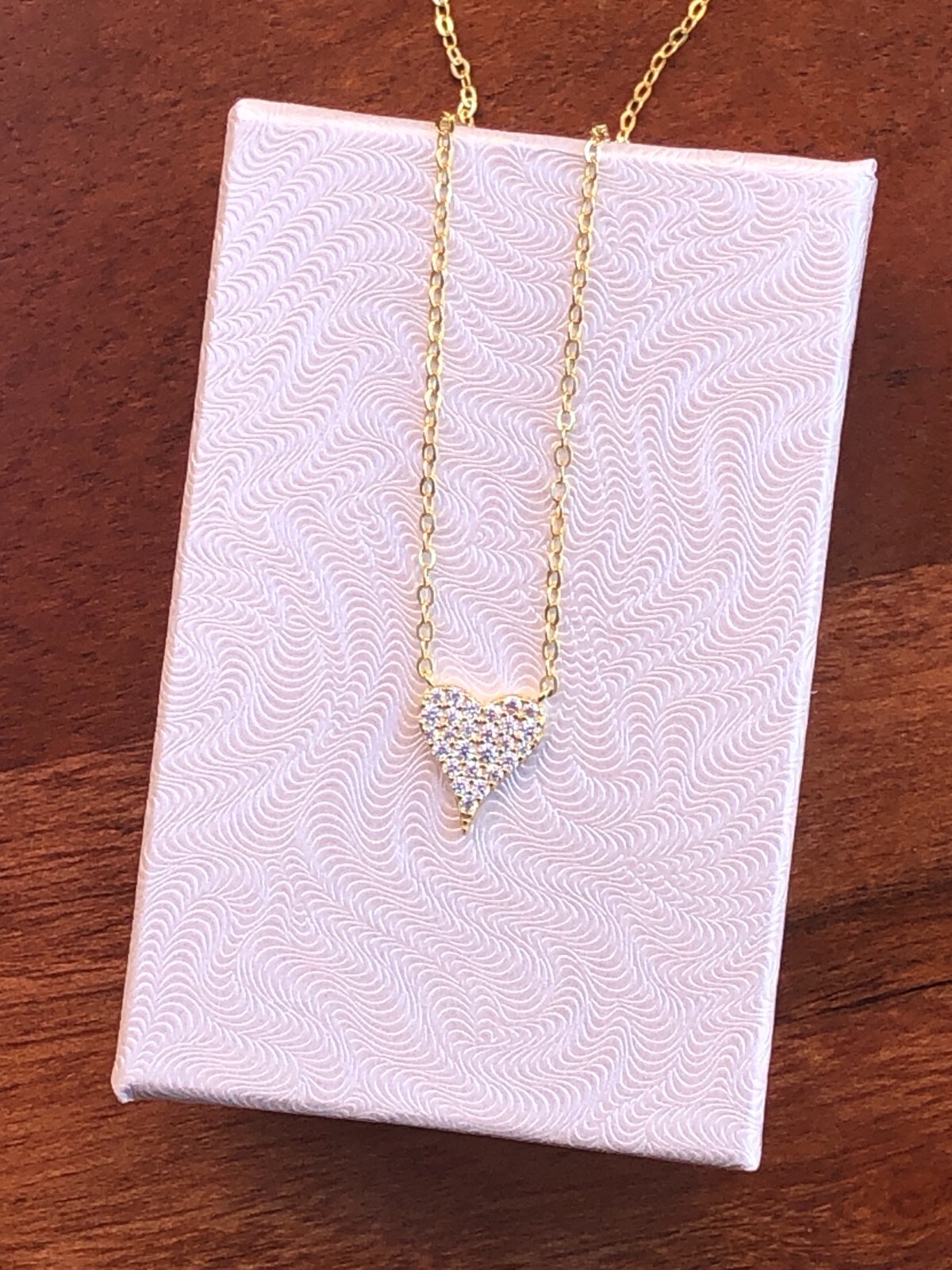 Gold Pave Cz Heart Necklace 925 Sterling Silver Pendant 9mm(0.35″) 17.75″ Tiny
