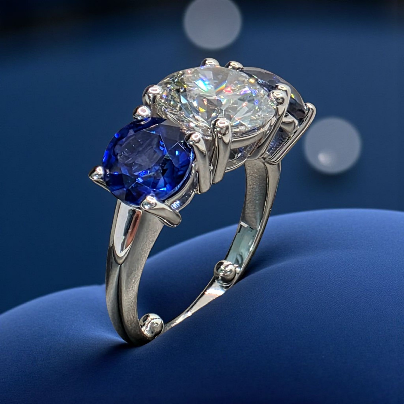 4.00 Ct D VS1 Sapphire and Diamond Lab Grown 3 Stone Ring 14k White Gold
