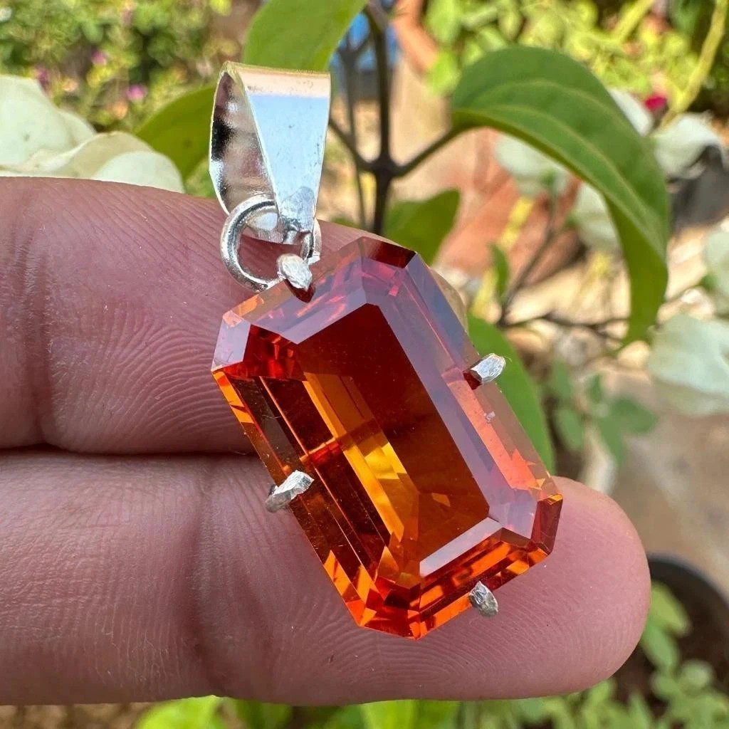 Natural 30 Ct Orange Sapphire Emerald Cut 925 Solid Silver Pendant Gemstone