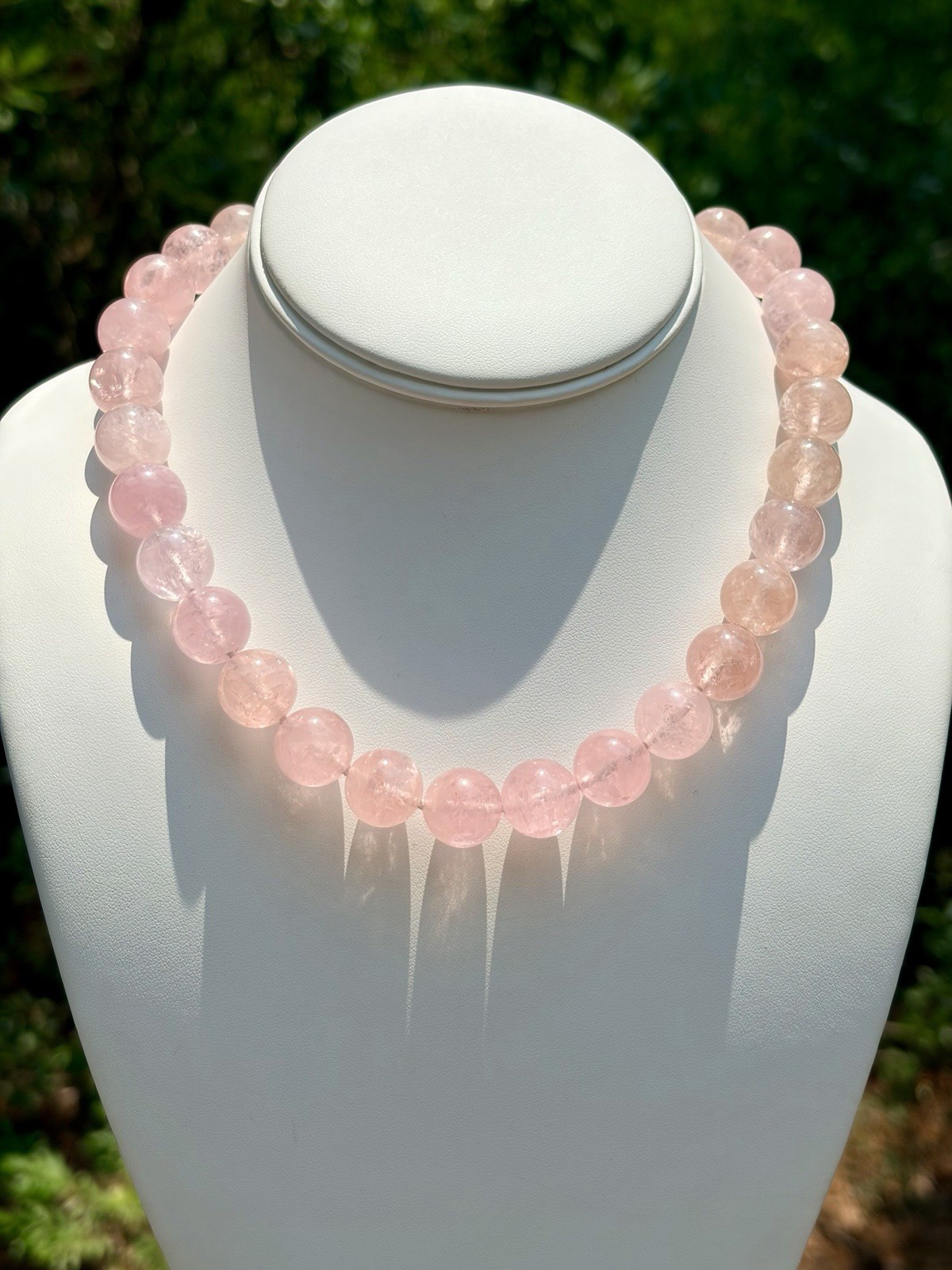 Madagascar Rose Quartz Necklace 14mm Silk Knotted 925 Cameo Clasp OOAK VTG