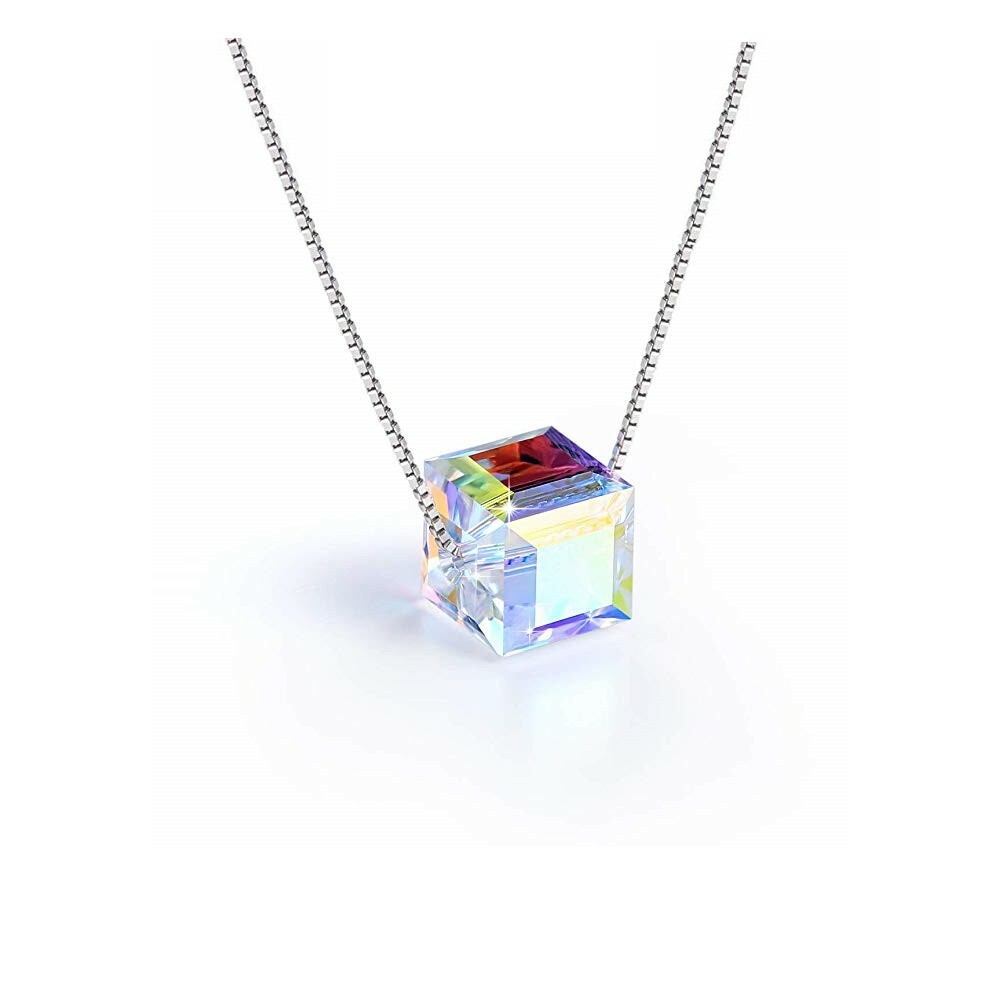 Aurora Borealis Square Crystal Cube Necklace & Stud Earrings Jewelry set