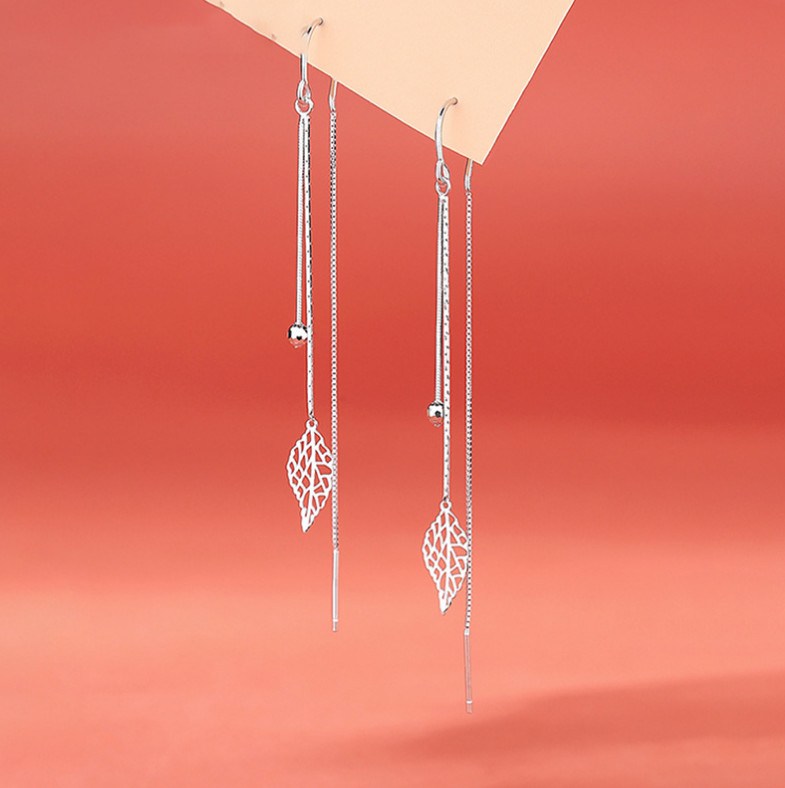 Solid 925 Sterling Silver Leaf Ball Pull Through Threader Earrings Gift Box PE21