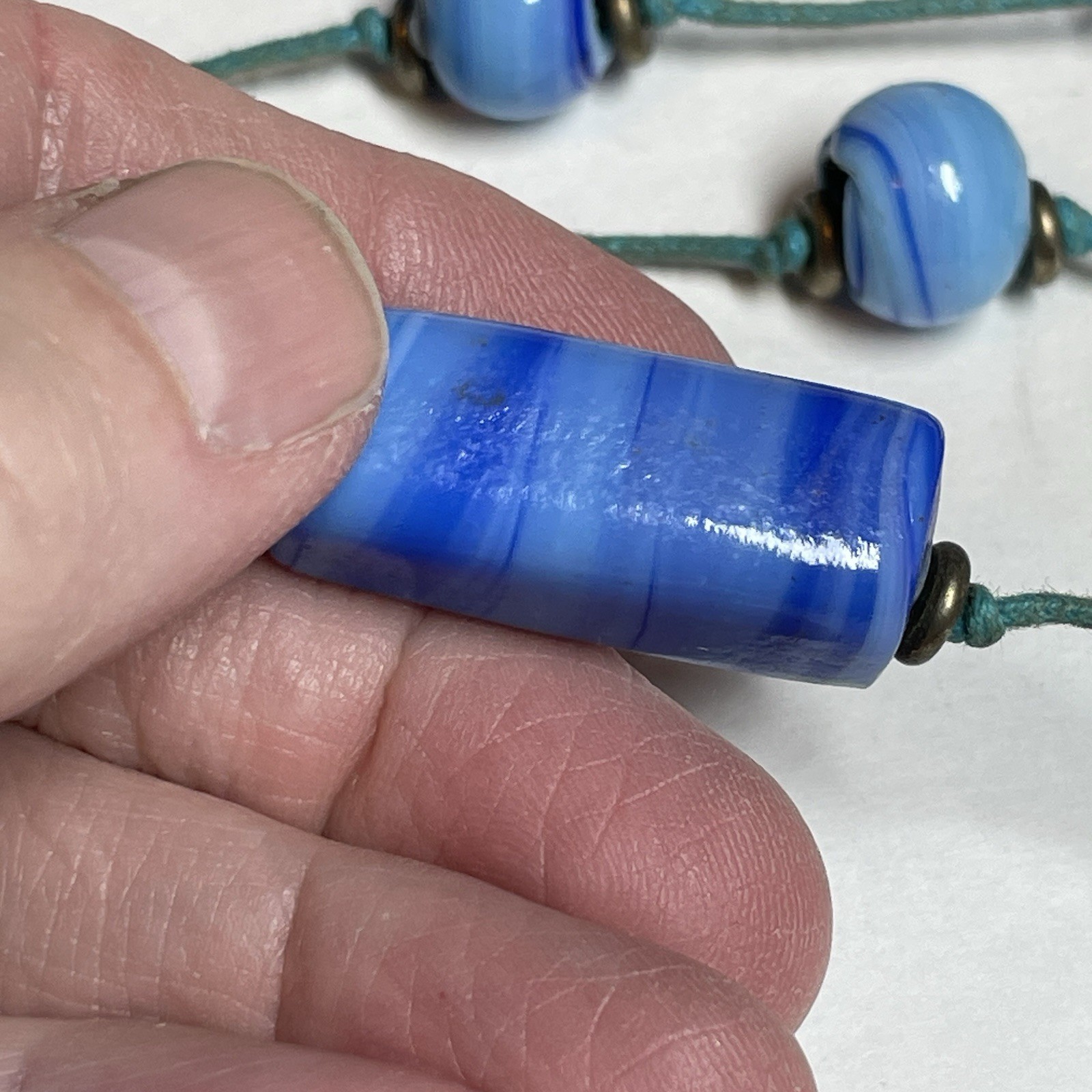 Vintage Handmade Artisan Light Blue & Navy Glass Bead Necklace – Approx 20″