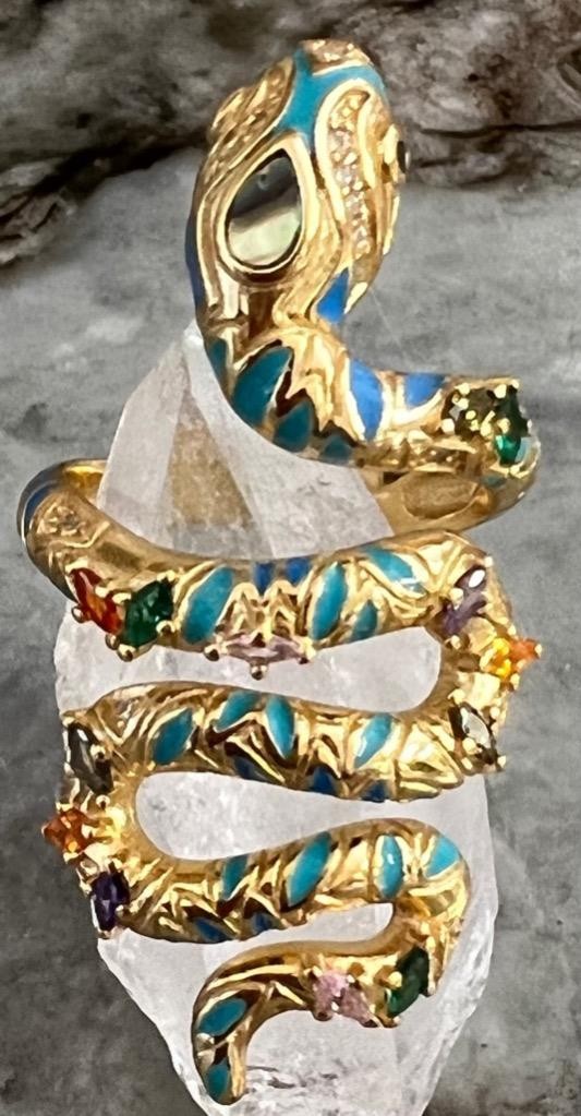 REAL Gemstones 14K Gold on SOLID 925 Snake Ring wrap Egyptian Rev Yellow gf
