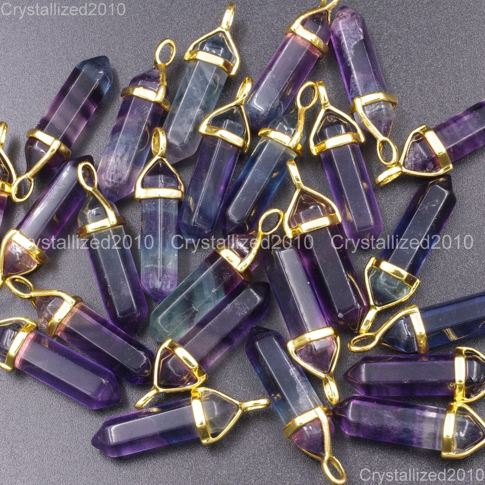 Natural Gemstone Multi-Colored Fluorite Hexagonal Pointed Healing Pendant Beads