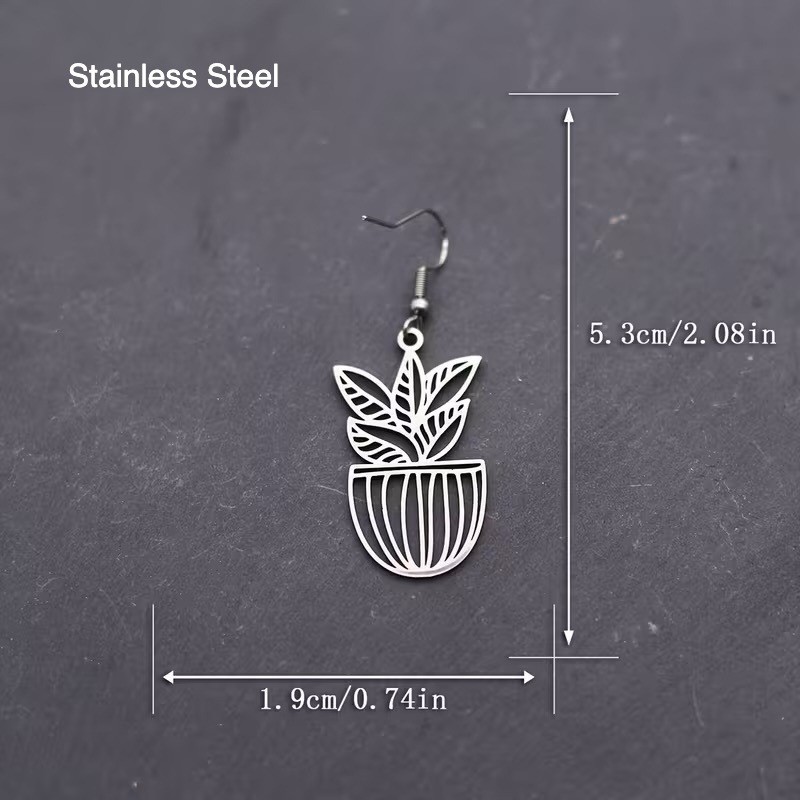Stainless Steel Potted Plant Drop Earrings Silver Tone Botanical Dangle Jewelry