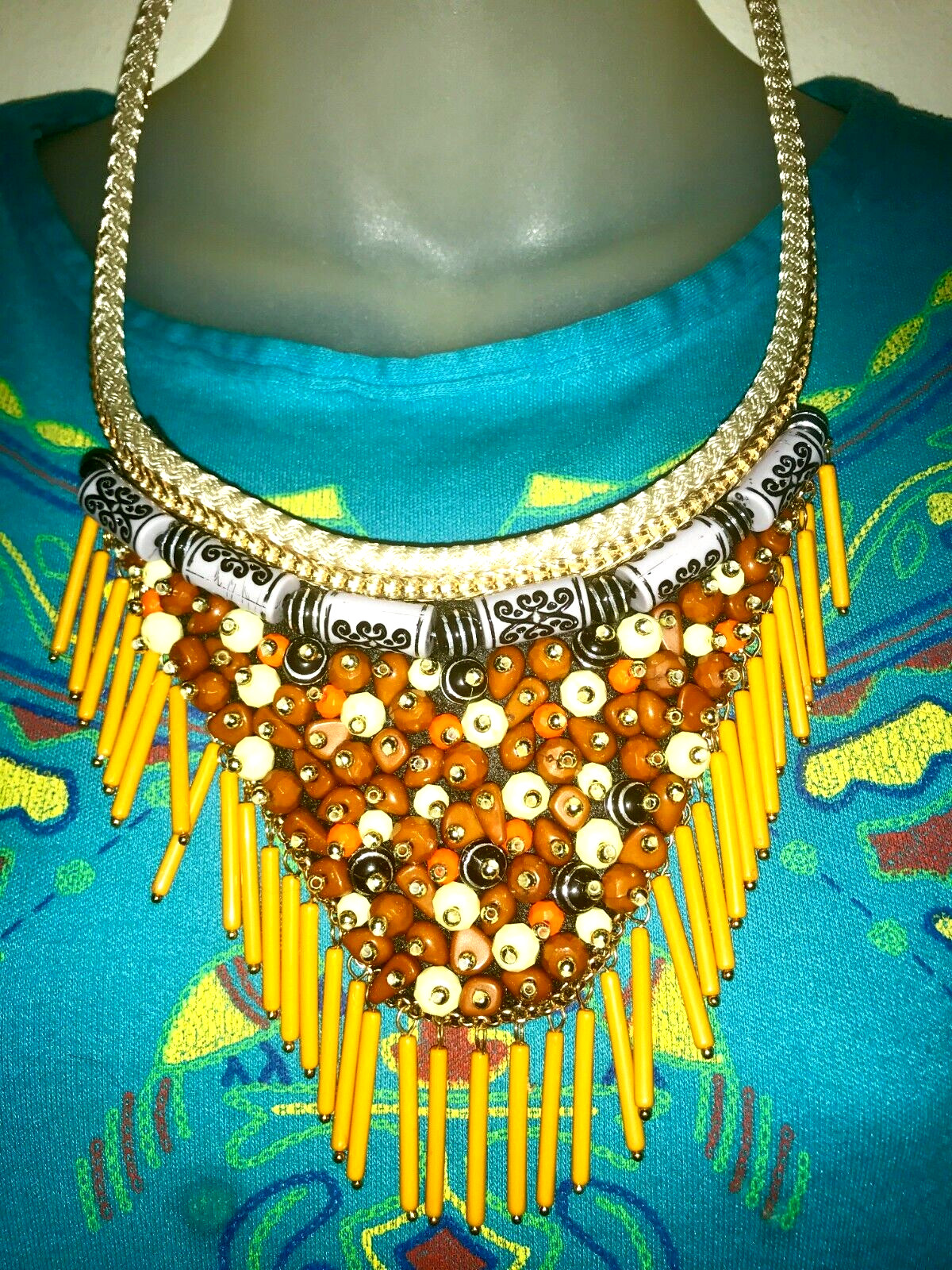 Chroma Beads Cluster Bib with Fringes Boho Necklace