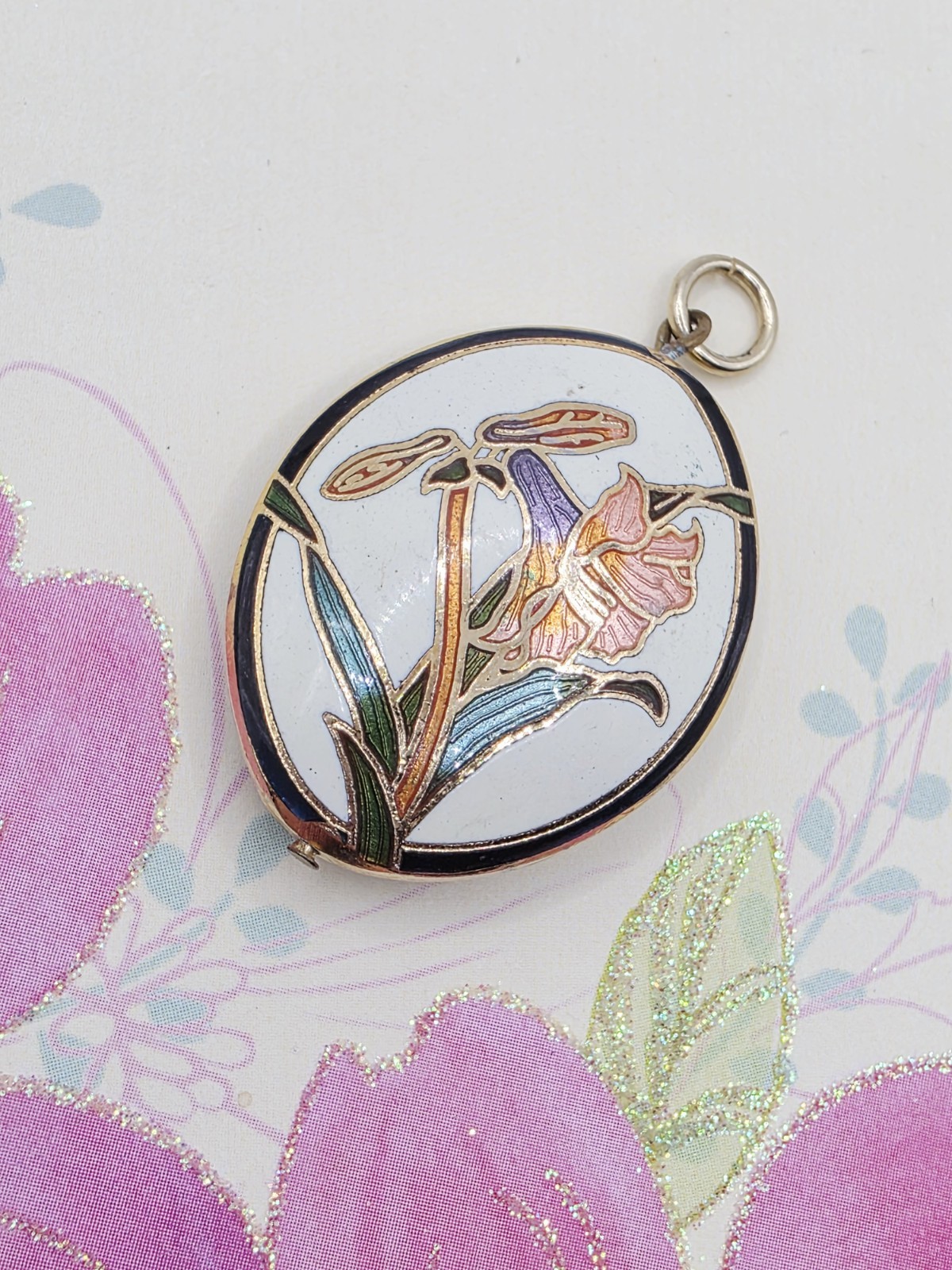Vintage Cloisonné Green Purple Gold Amaranthus Flower Floral Oval Pendant Estate