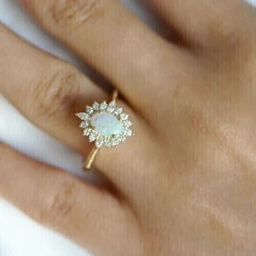 2Ct Oval Cut Lab Created Fire Opal Women Engagement Ring 14K Yellow Gold Plated