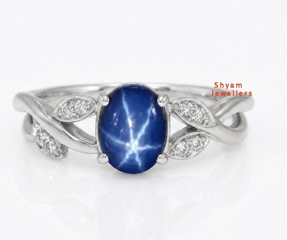 6 Ray Leaf Blue Star Sapphire Lab Created Gemstone925 Sterling Silver Stud Ring