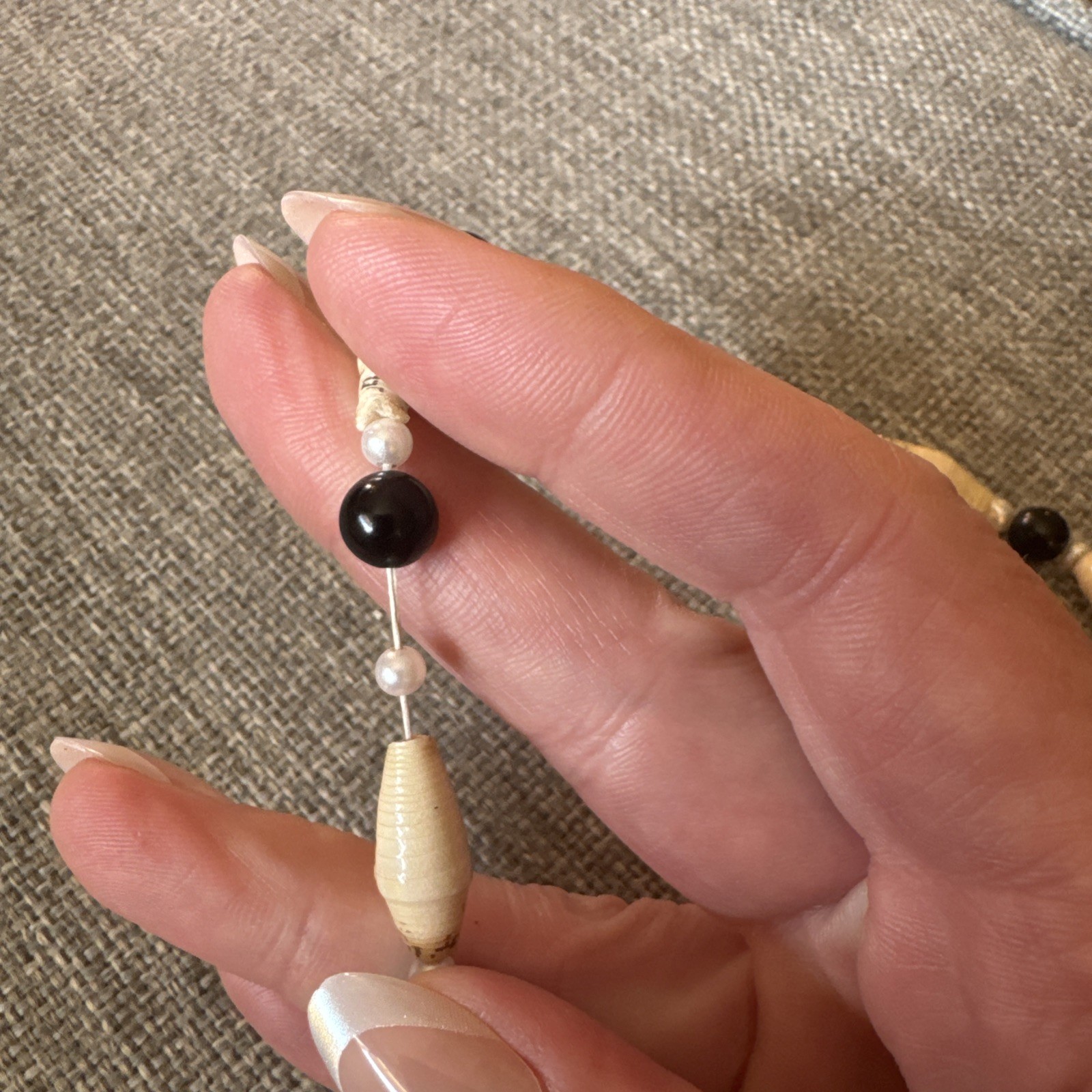 Boho Paper Bead Necklace Black Ivory Pearl Handmade