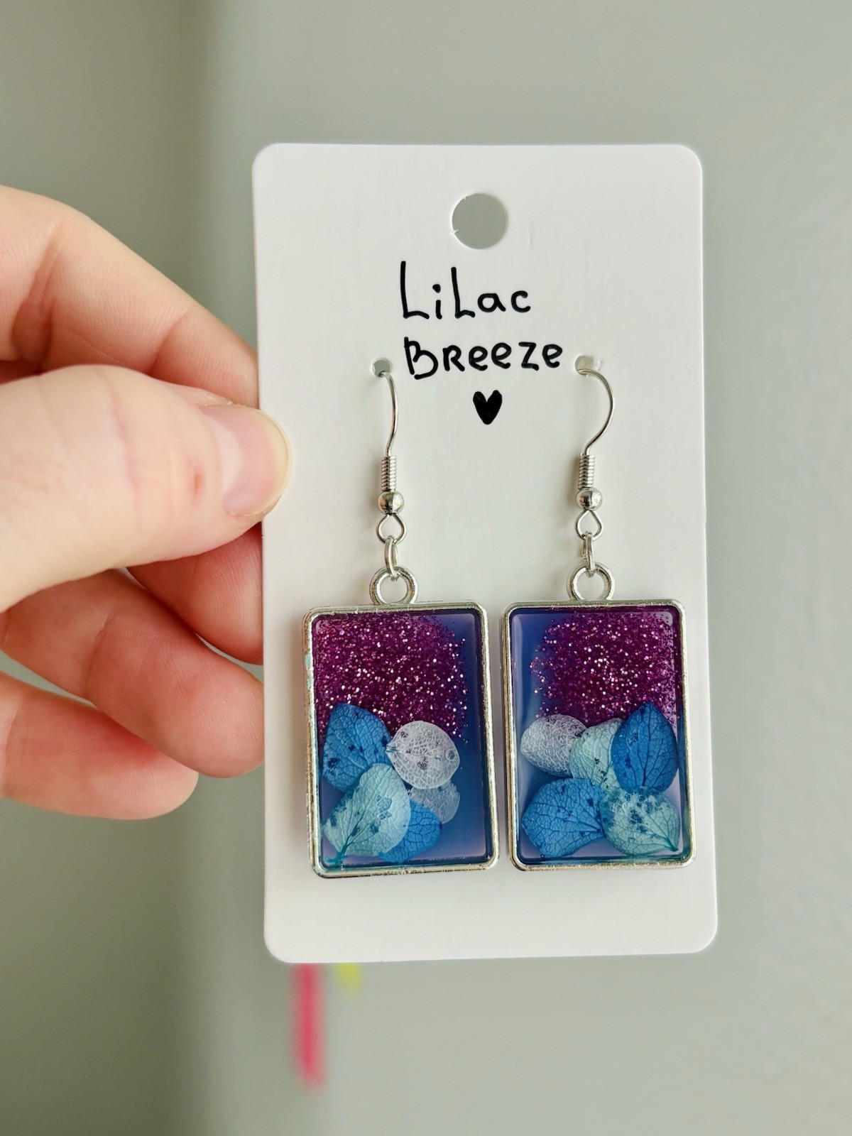 Lilac Breeze Resin Rectangle Earrings Handmade Real Dried Flower Botanical
