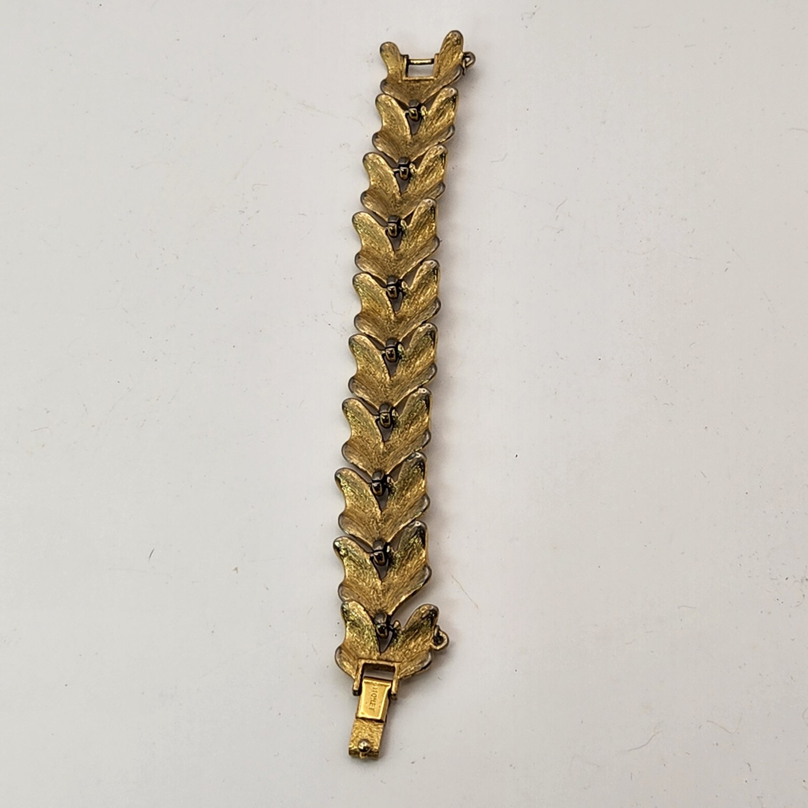 Vintage Monet Gold Tone Leaf Link Bracelet With Safety Chain Chunky Textured