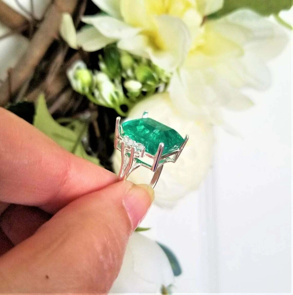 4.50Ct Lab-Created Green Emerald Solitaire Engagement Ring 14K White Gold Finish