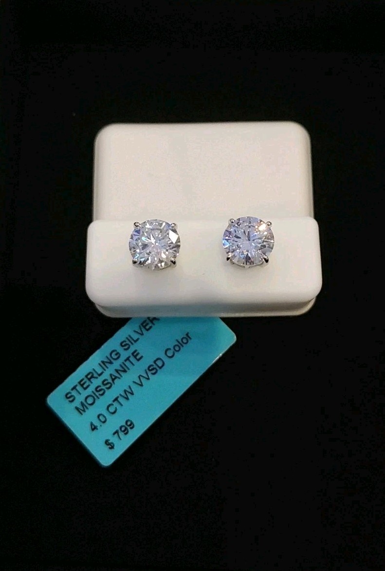 4Ct Moissanite Round Cut Sterling Silver Stud Earings