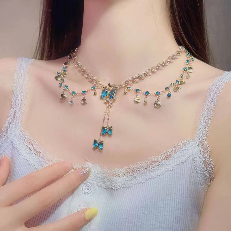 Multi-layer Copper Alloy Simulation Crystal Necklace Women Hanfu Collarbone Girl