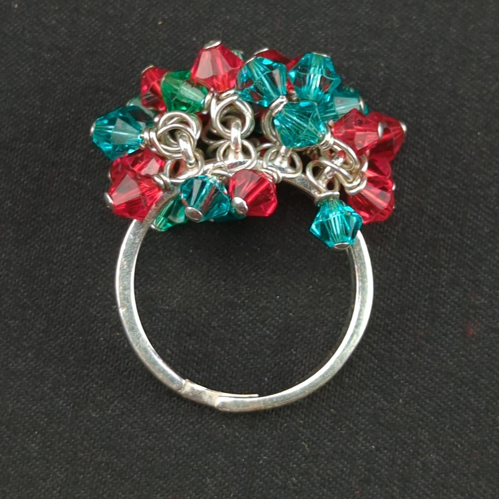 Vintage 925 Sterling Silver Split Ring Colorful Red Teal Plastic Bead – Size 7.5