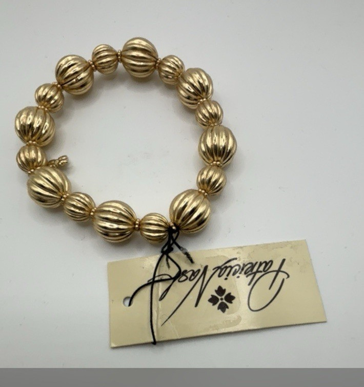 Adrienne Vittadini Gold Tone Ribbed Round Bead Stretch Beaded Bracelet