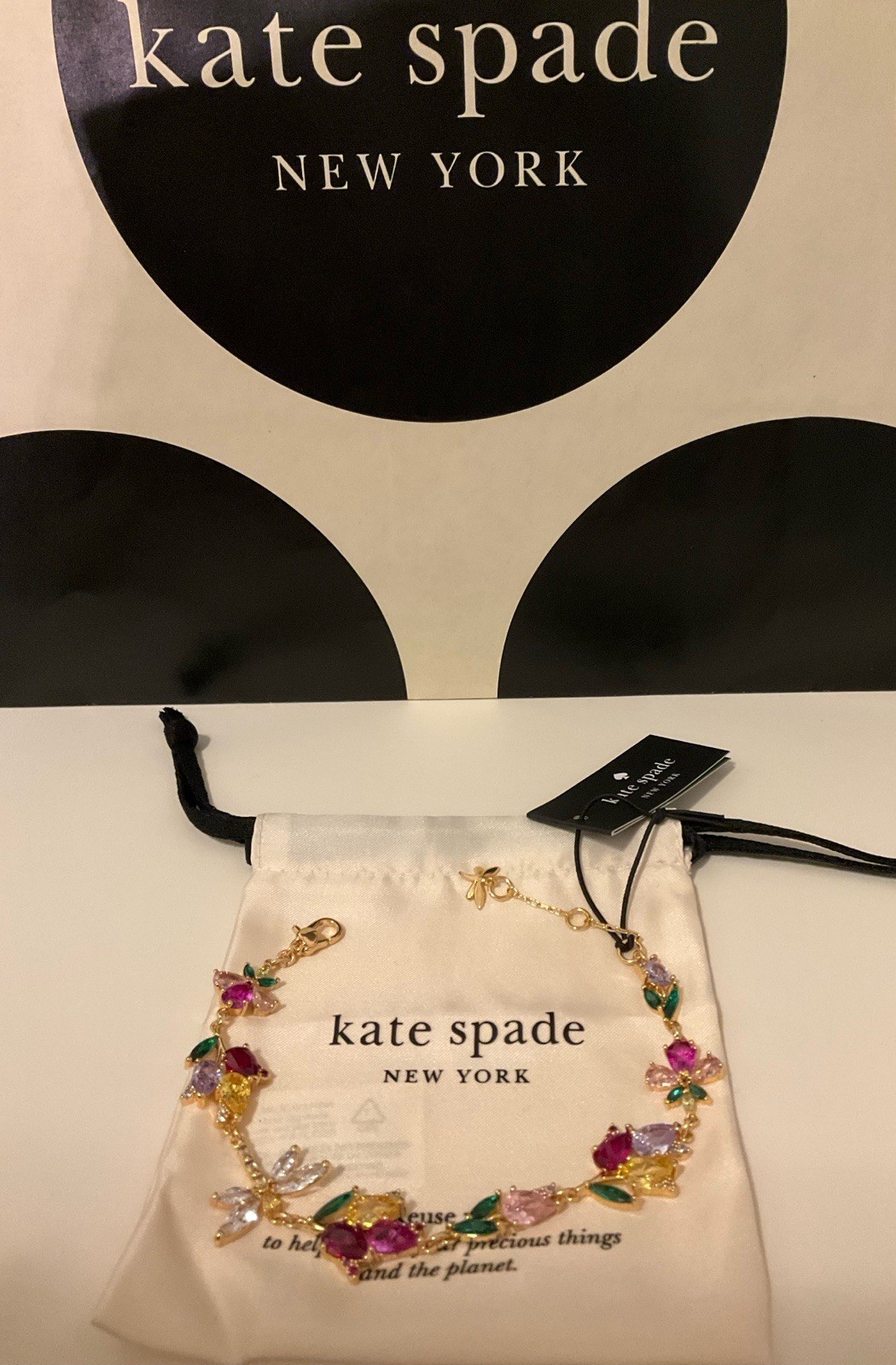 NWT Kate Spade Greenhouse Floral 12k Gold Plated CZ Crystals Bracelet