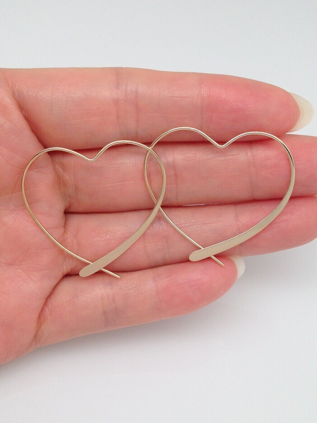 925 Sterling Silver Gold Heart Hoop Threader Earrings Women 34mm x32mm Medium