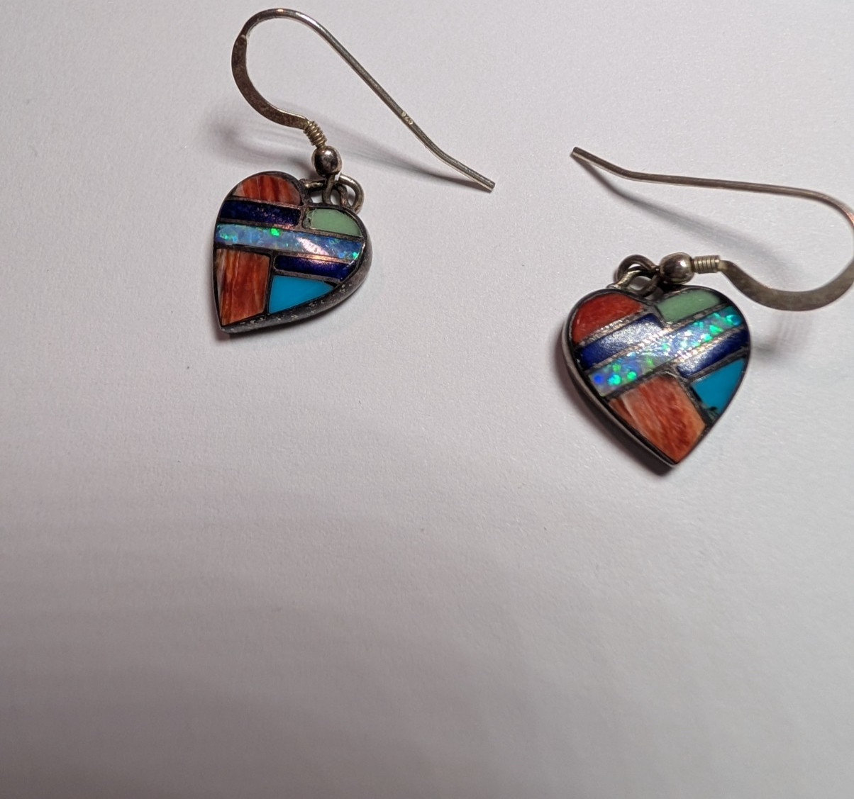 Sterling Silver Multi Stone Inlay Heart Earrings Opal Spiny Oyster Turquoise 925
