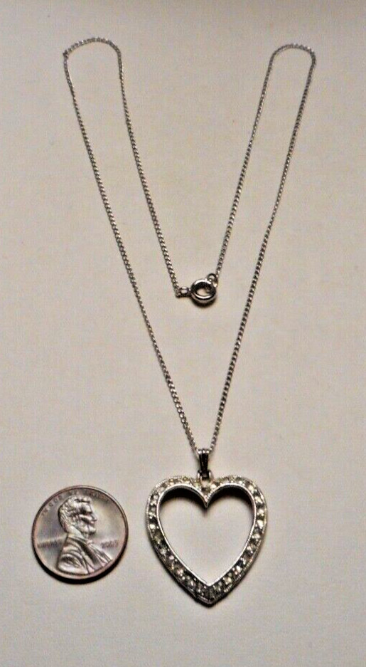 1950s Bogoff Diamante Rhinestone Silver-tone Heart Pendant on 16″ Chain Necklace