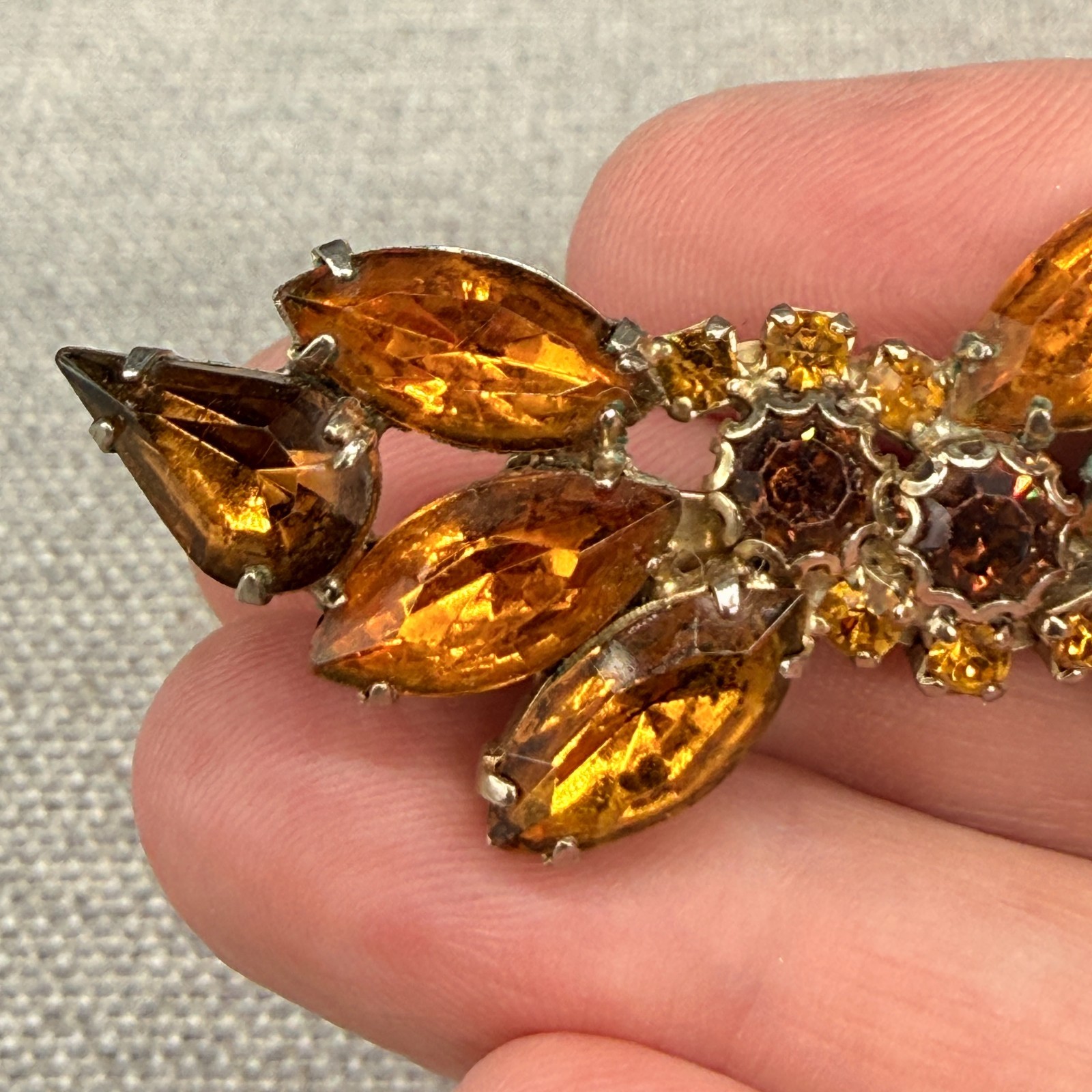 Vintage Brooch Orange Brown Rhinestones Gold Tone