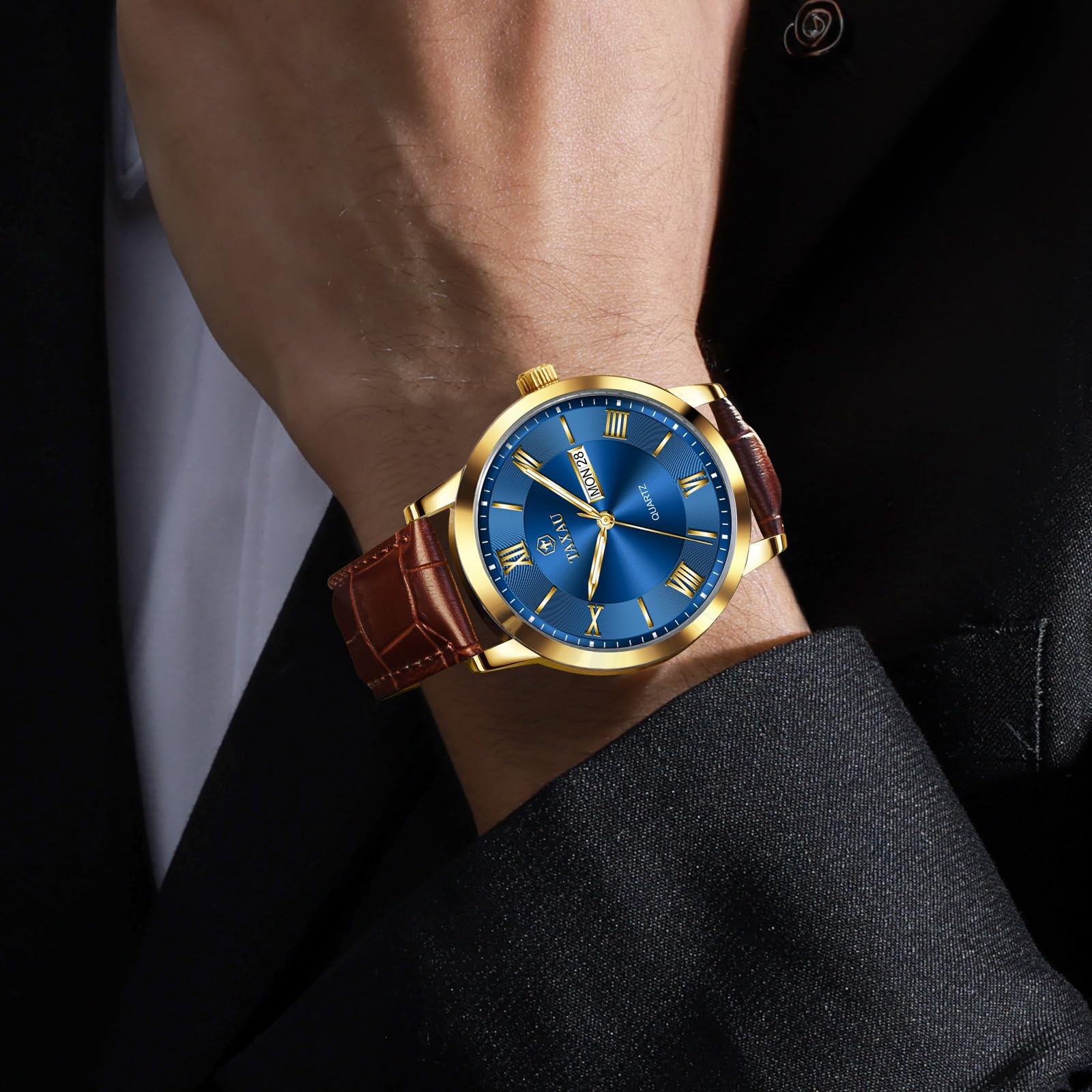 Taxau Leather Watches for Men Blue Face Classic Luxury Men’s Dress Watch Anal…