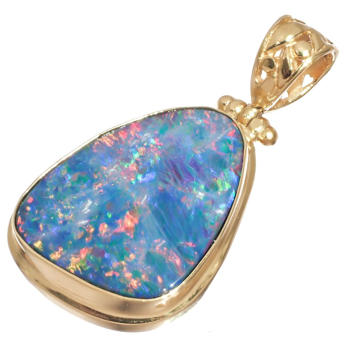 925 Silver Big Multi-color Australian Opal Vermeil Gold Plated Pendant, 1 3/8″