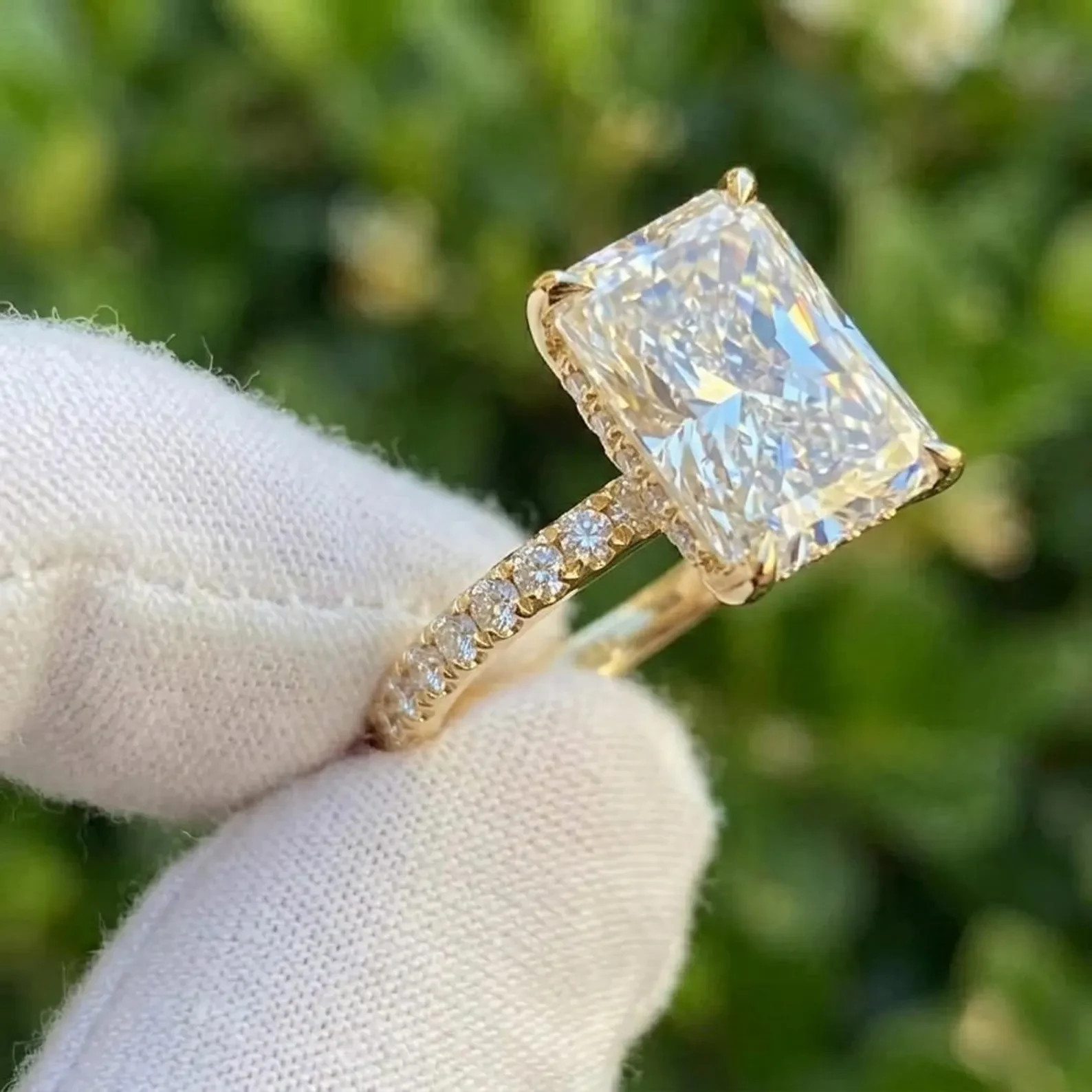 Radiant 2CT Lab Grown Diamond In 14k Yellow Gold For Hidden Halo Wedding Ring