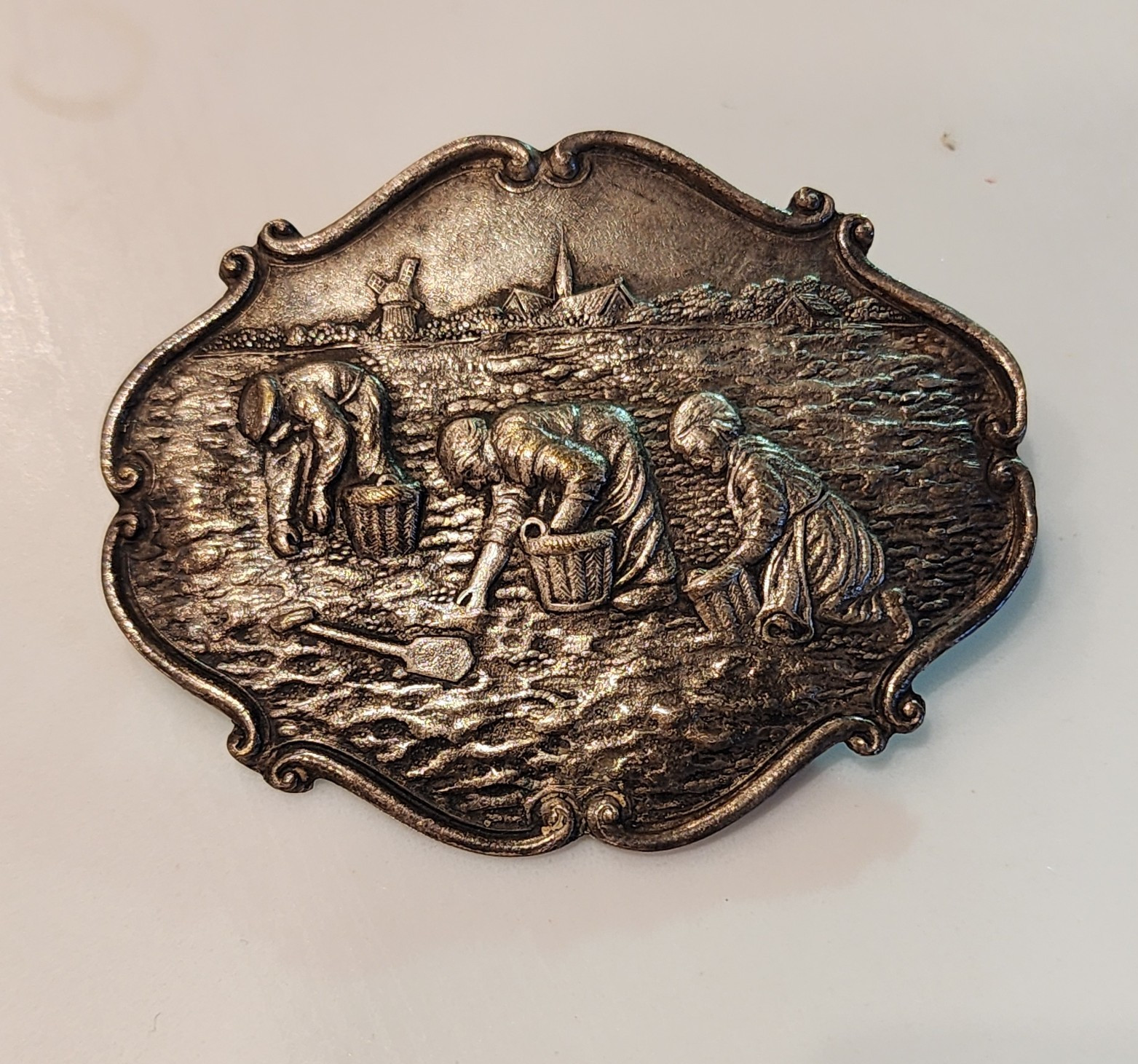 Antique Dutch Folk Art Repousse Brooch Harvest Scene Peasant Workers C-Clasp Pin