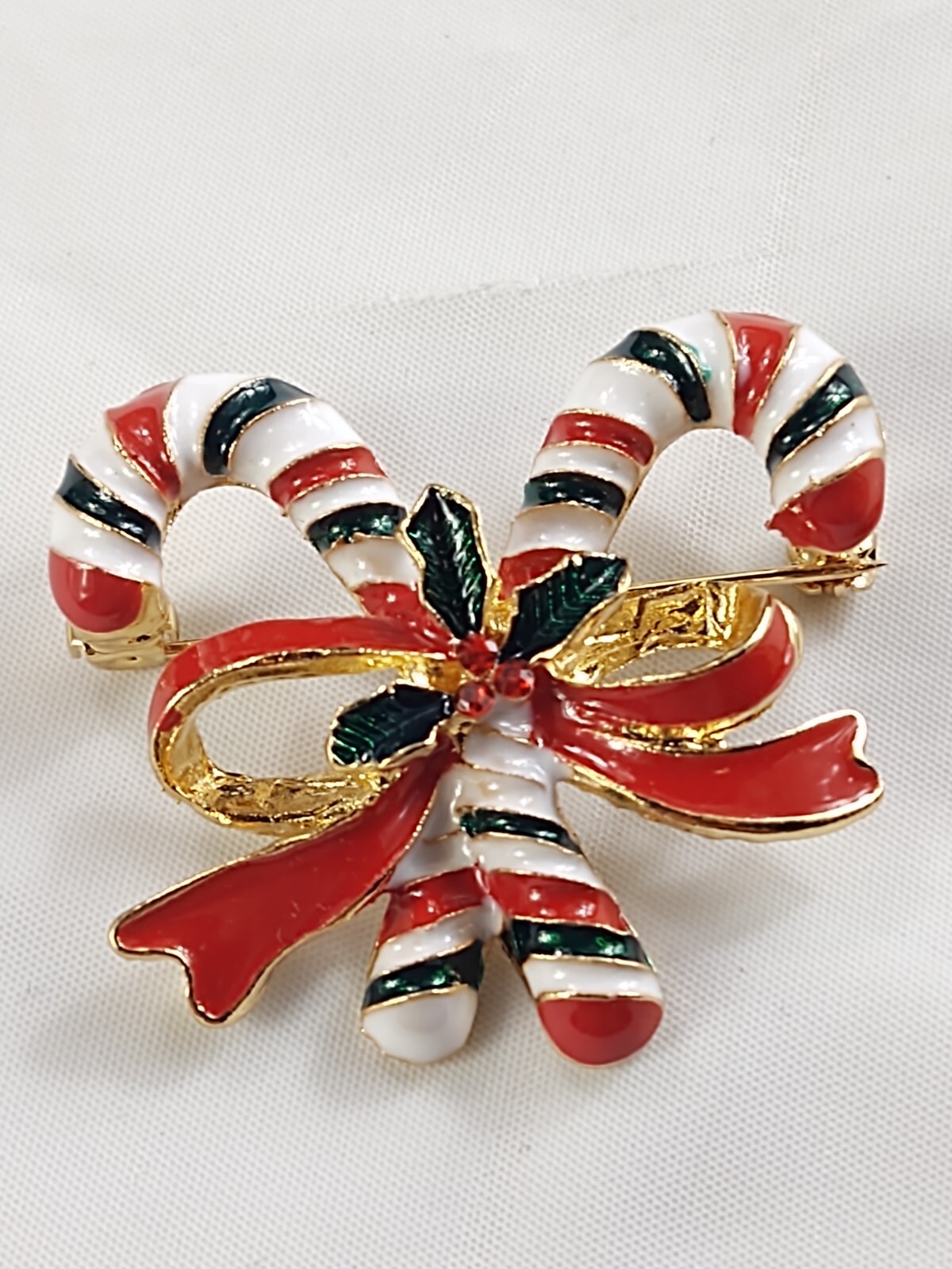 Christmas Holidays Double Candy Canes With Red Bow Brooch Pin Costume Jewelry
