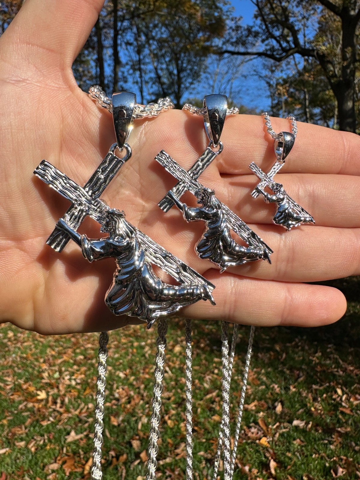 Jesus Carrying Cross Plain Crucifix Pendant Necklace 925 Sterling Silver 3 Sizes