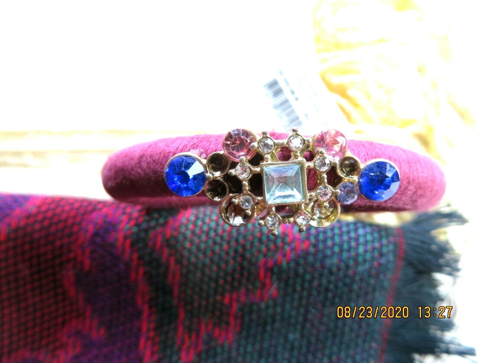 MACYS Fashion Silk Thread Wrapped Bangle Bracelet Crimson-Rose Red Beaded Center