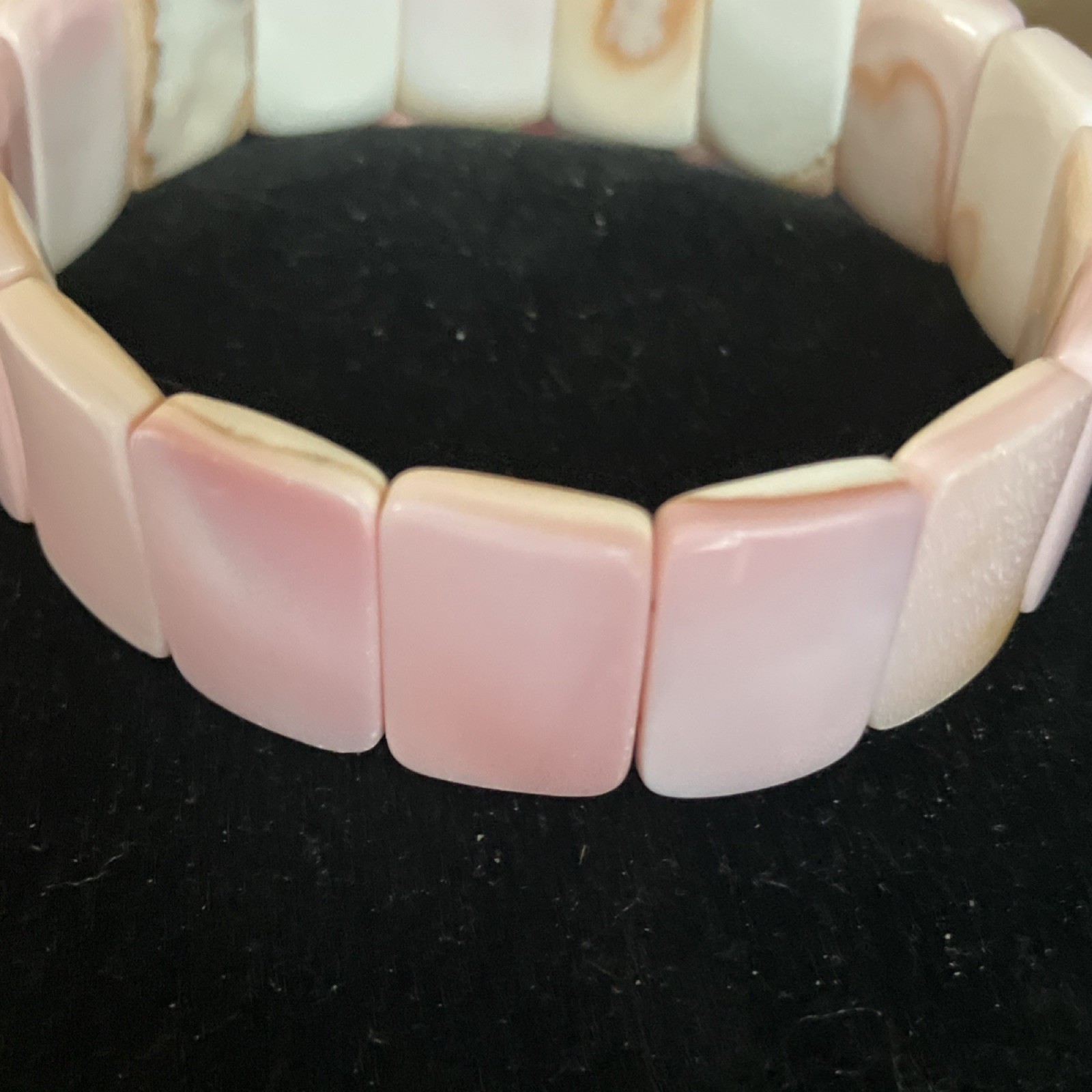 Pink Conch Shell Rectangle Beaded Stretch Bracelet 7.5″ Flexible 1 inch wide