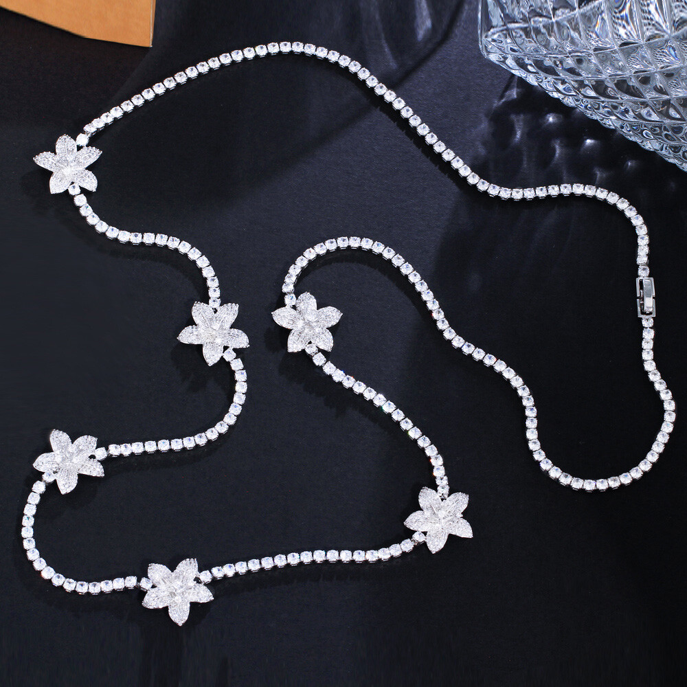 82cm Silver Plated Cubic Zircon White Flower Long Necklace Women Wedding Jewelry