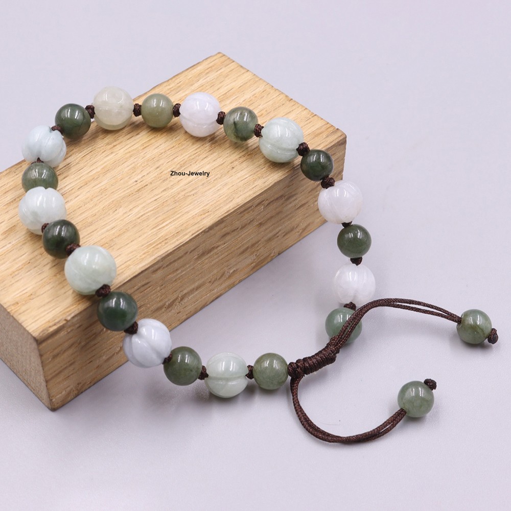 NEW Natural Grade A Jade 9mm Pumpkin Bead Bracelet Adjustable Fit 6.5inch Wrist