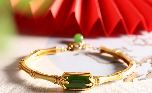 I03 Bamboo Bracelet with Green Jade Sterling Silver 925 Gold Plated