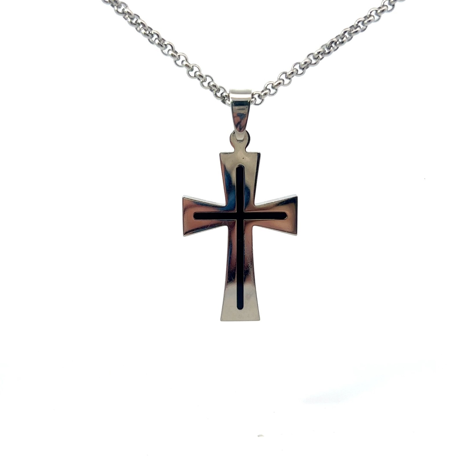 Stainless Steel & Black Resin Inlay Cross 1″ X 2″ Pendant