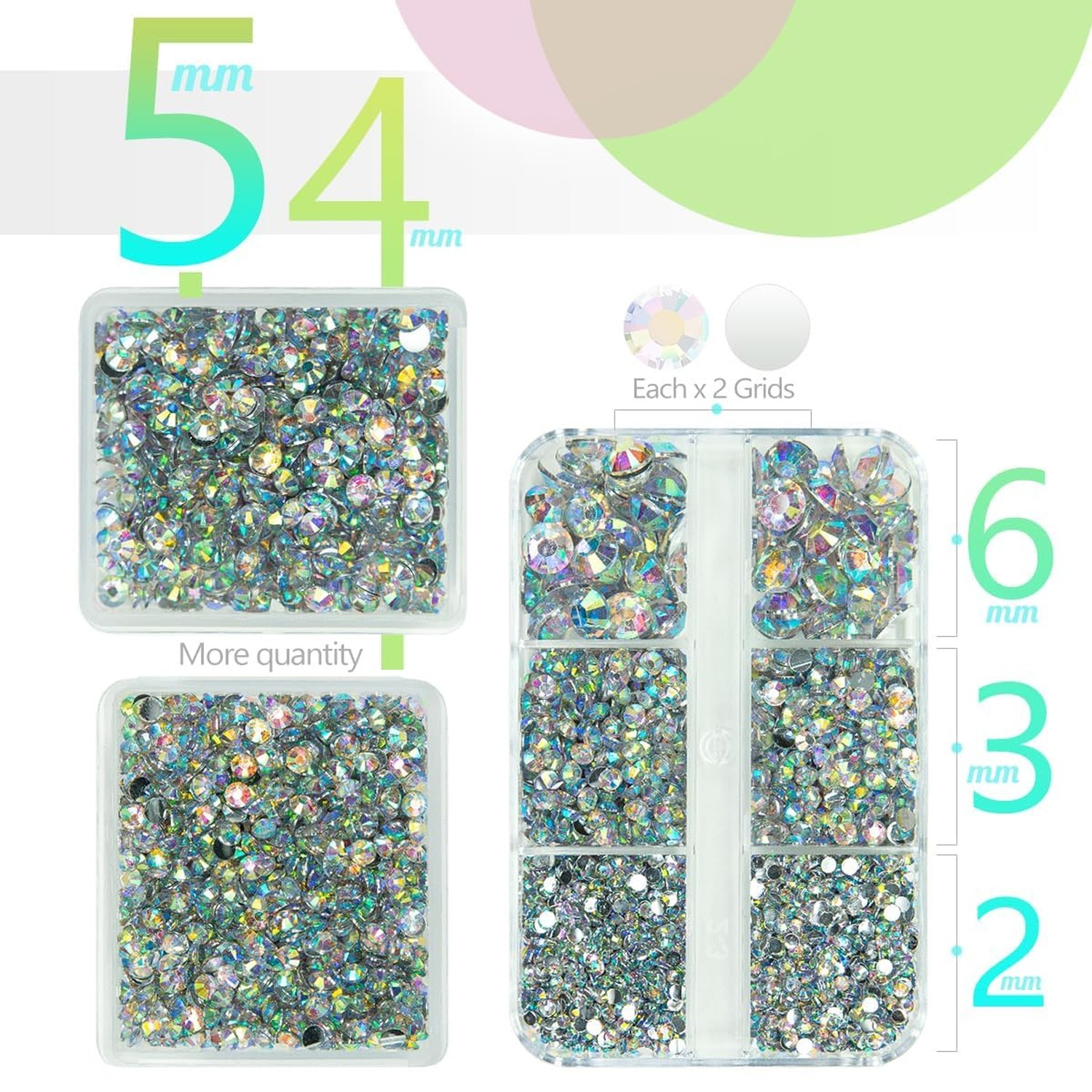 qiipii 3 Boxes 5070PCS Crystal AB Resin Rhinestones 2mm 3mm 4mm 5mm 6mm White…