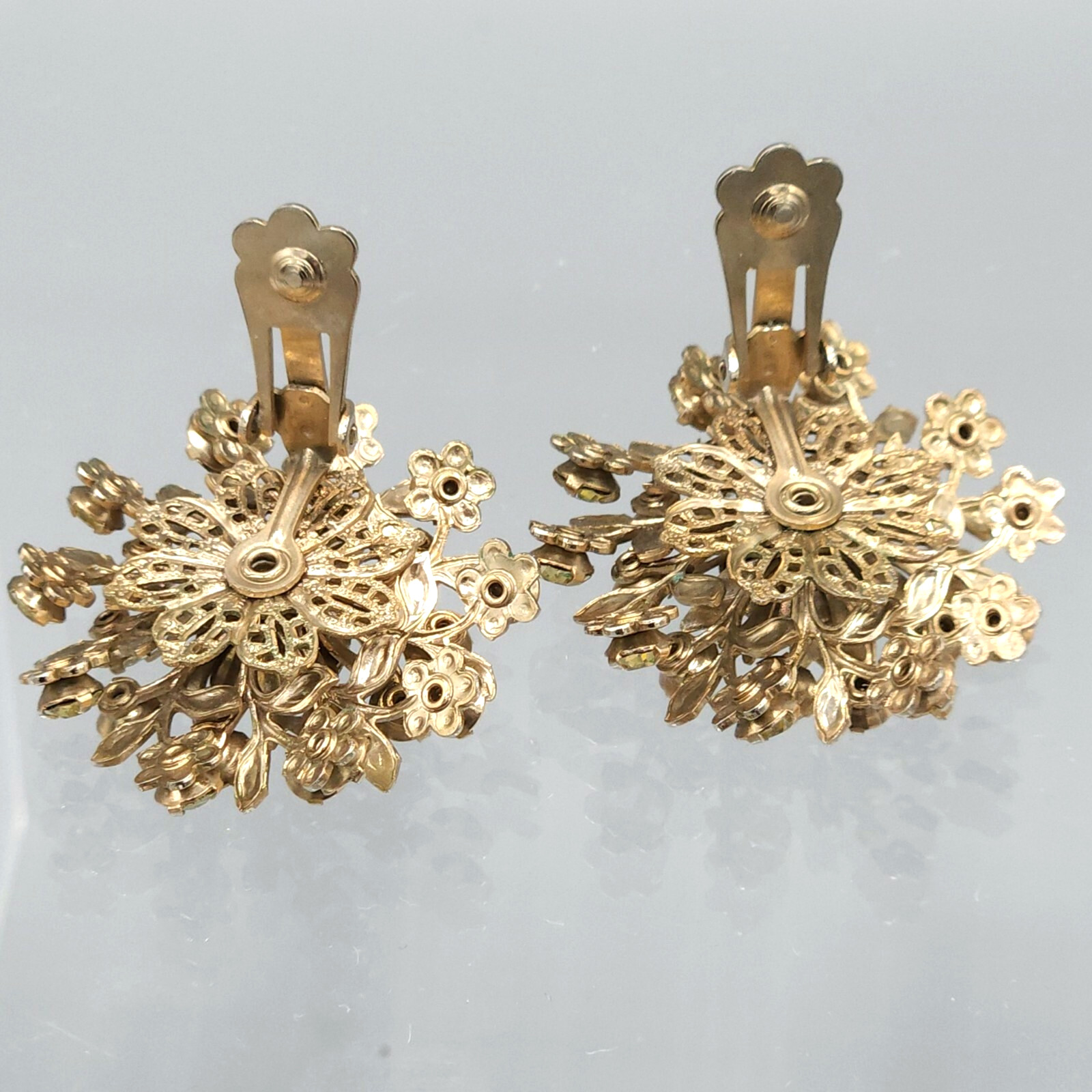 Large Jonquil and Aurora Borealis Rhinestone Gold Tone Fiigree Clip Earrings