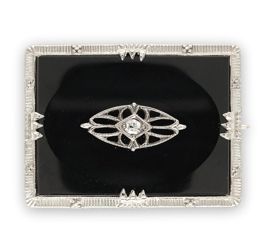 14k Gold Genuine Natural Black Onyx Filigree Brooch Pin with a Diamond (#J6693)