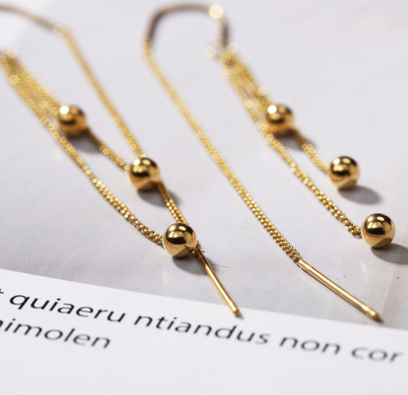 Women Threader Gold Balls Pull Though Earrings Stainless Steel Fashion Drop PE9