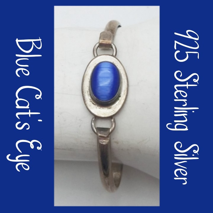 Vtg 925 Chrysoberyl Blue Cat’s Eye Cabachon Bangle 925 Sterling Silver Mexico