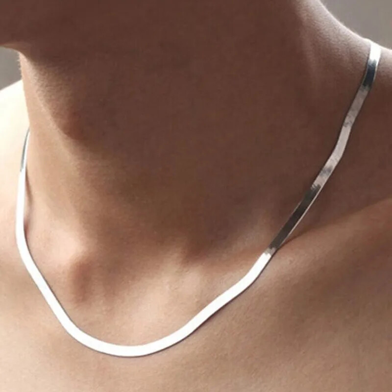 Women 925 Sterling Silver 18K Gold 4MM Flat Chain Necklace Choker Jewelry