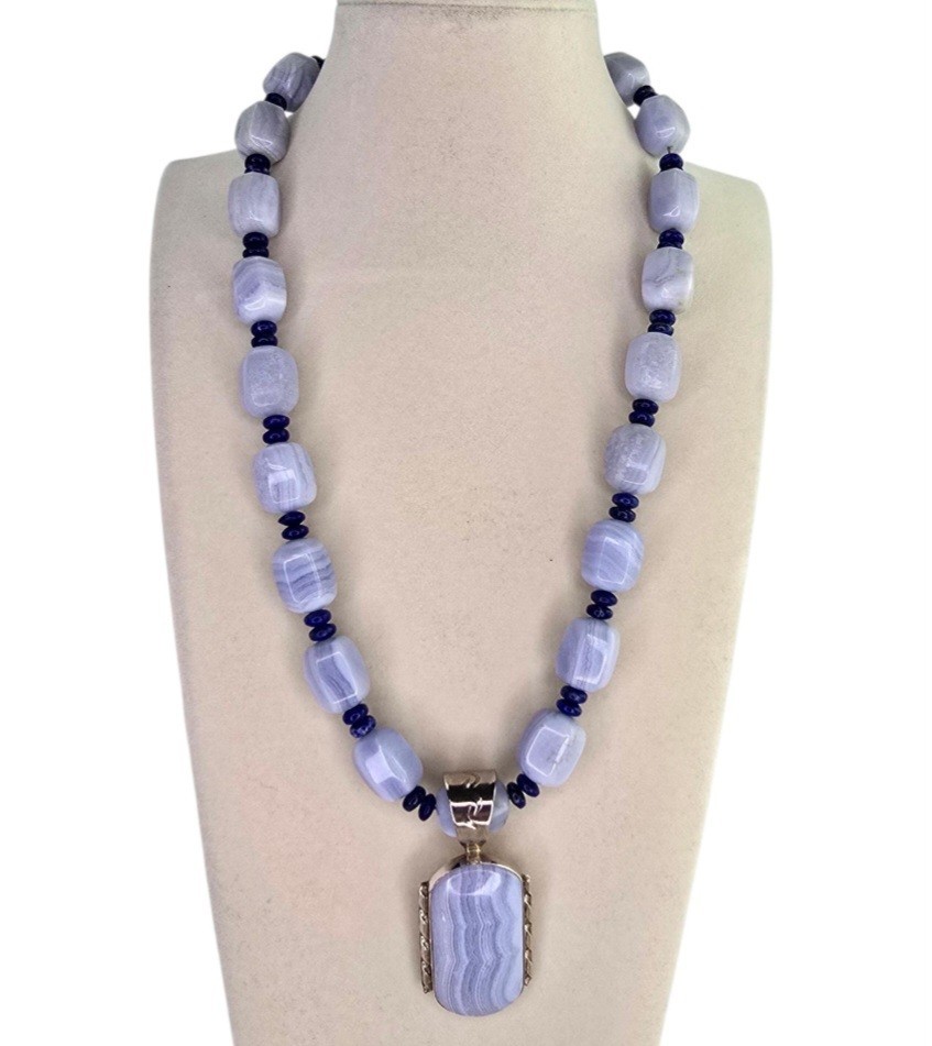 Mine Finds By Jay King DRT Blue Lace Agate Sterling Silver Bead Necklace Pendant