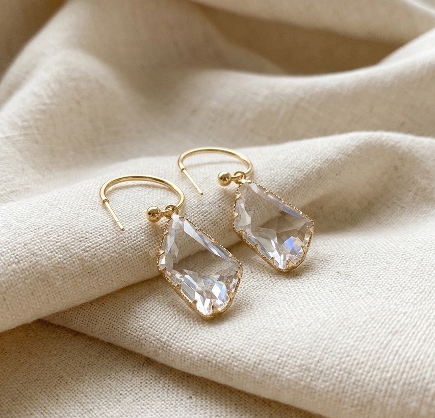 Anthropologie Clear Hoop Crystal Earrings Transparent Stud Gold Geometric Boho