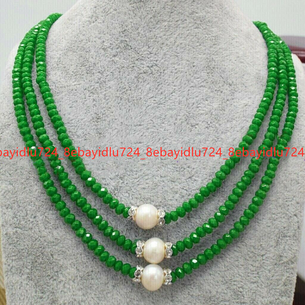 3 Rows Faceted 2x4mm Multicolor Gems & 8-9mm White Pearl Necklace 17-19 in