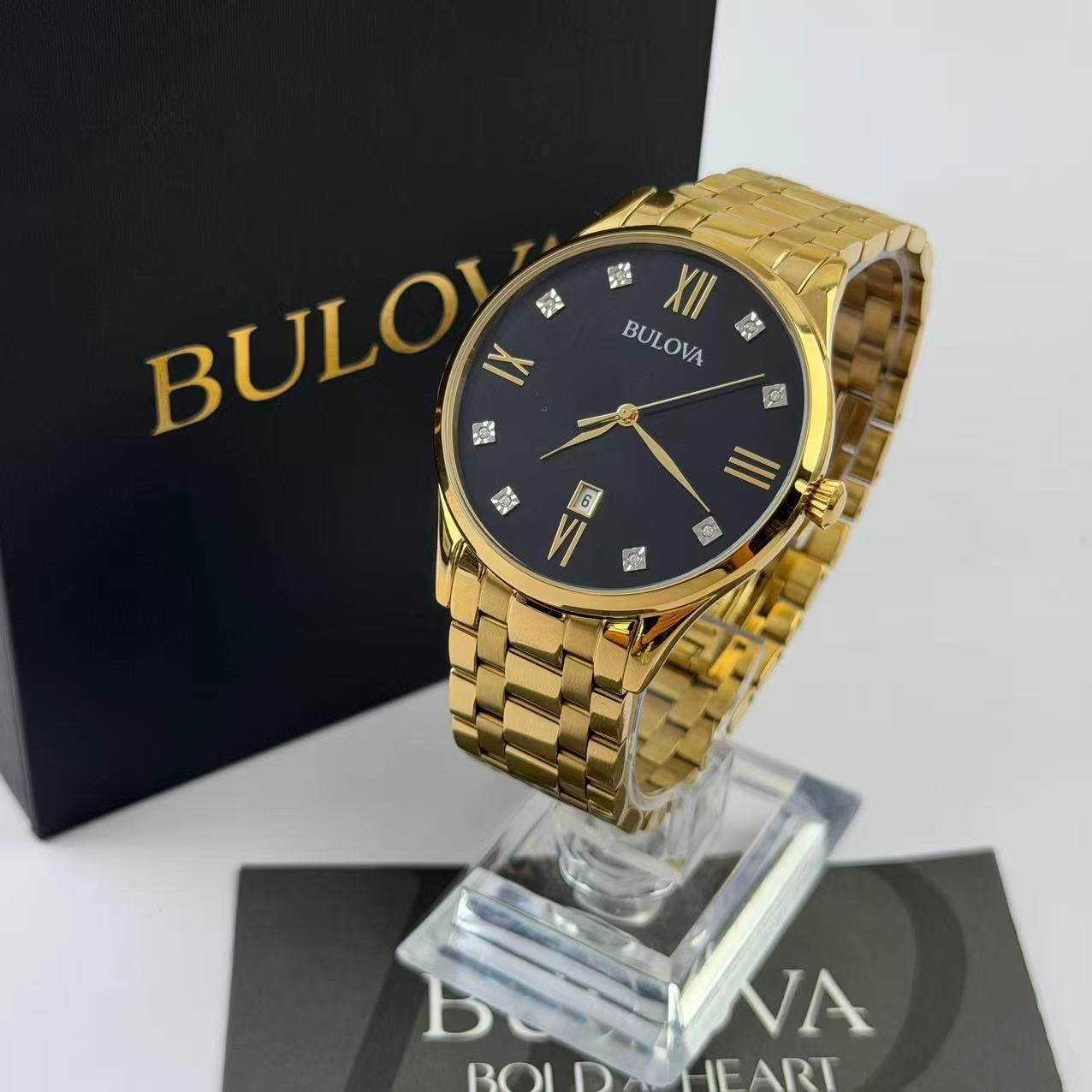 New Bulova 40 mm 97D108 Diamond Black Dial Gold Bracelet Men’s Quartz Watch