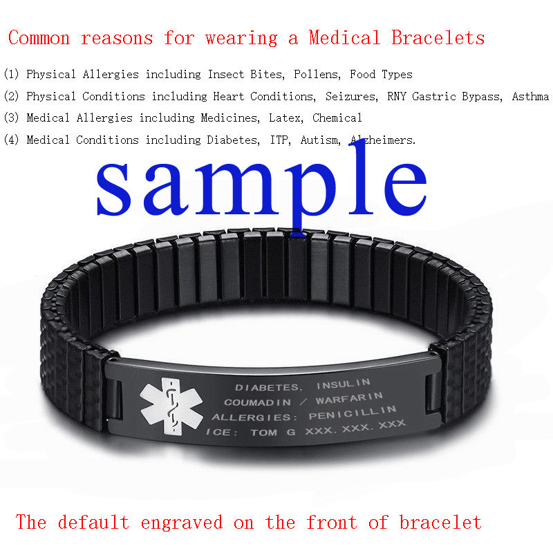 Men Medical Alert ID Spring Stretch Bracelet Armband Personalized Free Engraving